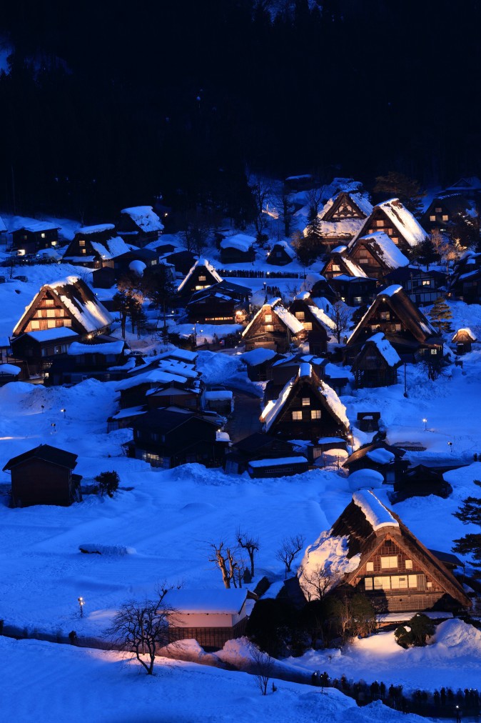 Illuminated Shirakawago Village in snow