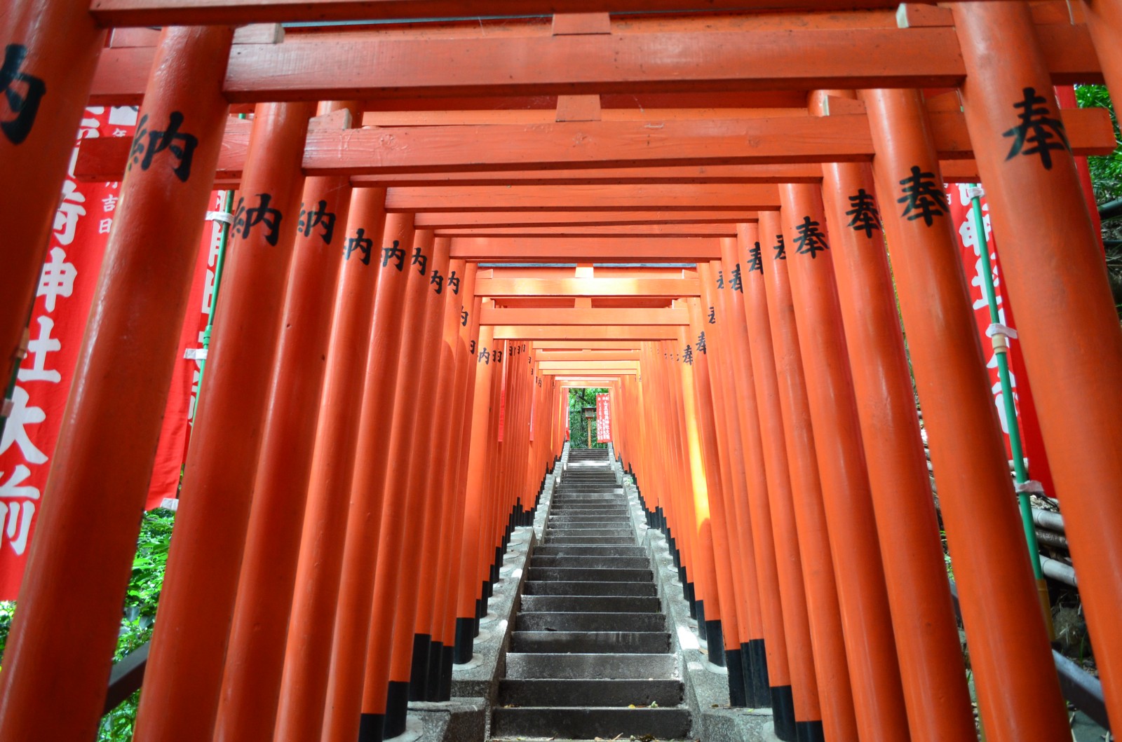 The stairs at Hie Shrine lined by red Torii gates