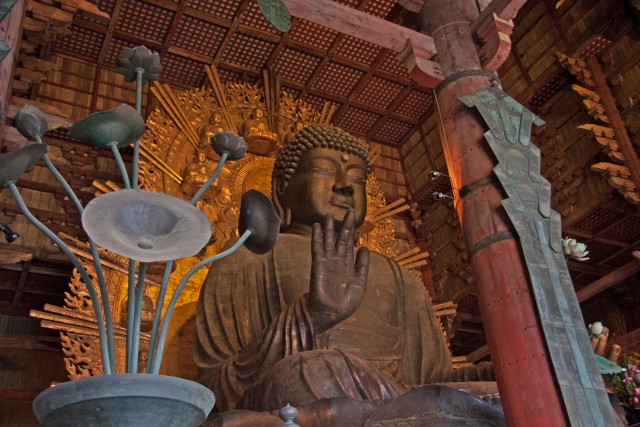 Majestic bronze statue of Great Buddha at Todaiji Temple in Nara