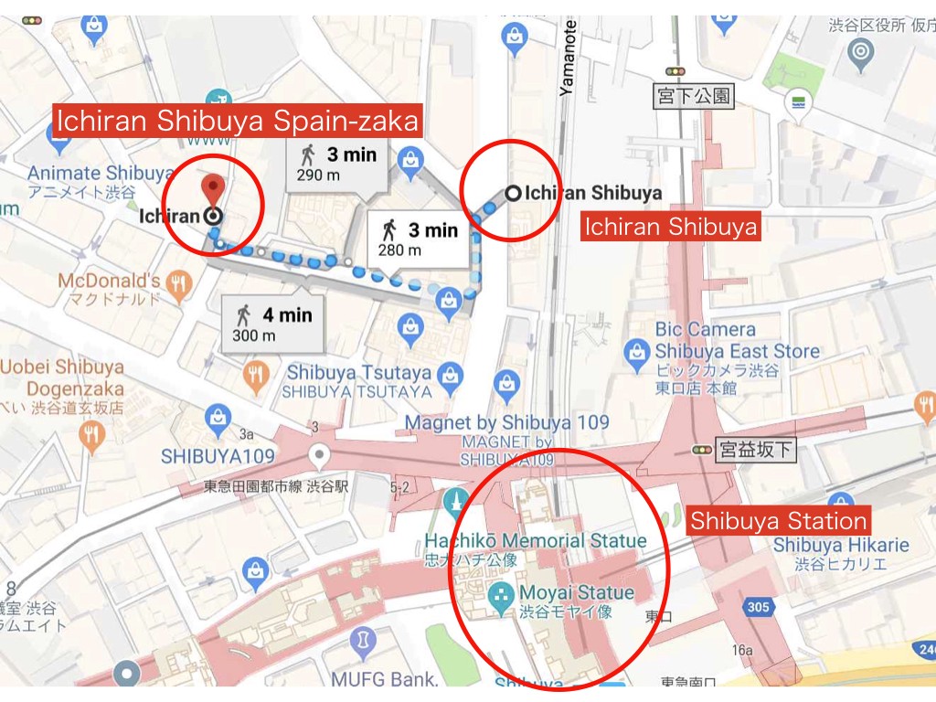 Map of Two Shibuya branches of Ichiran Ramen