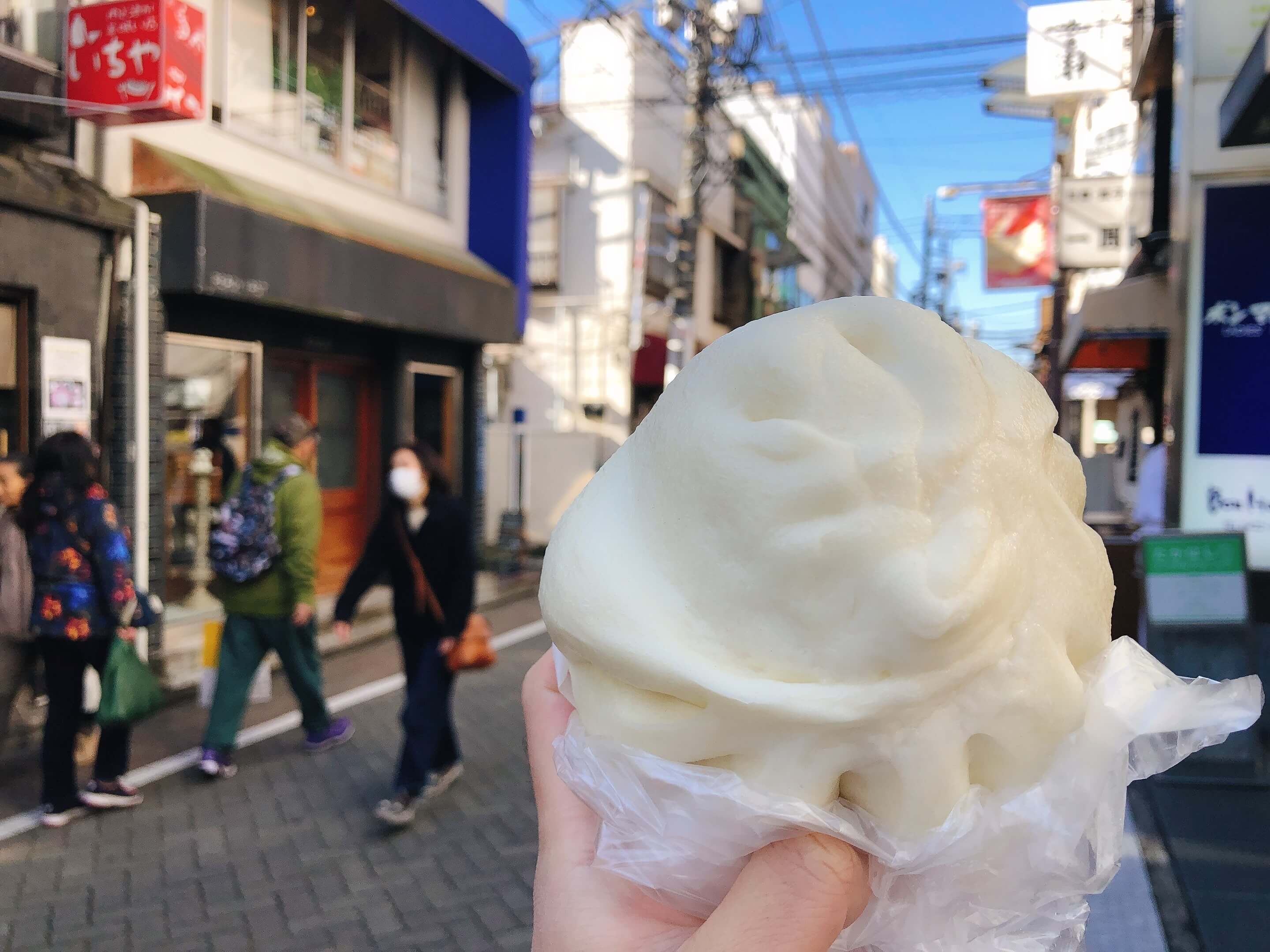 A steamed pork bun sold on the Nakamichi Dori Avenue in Kichijoji